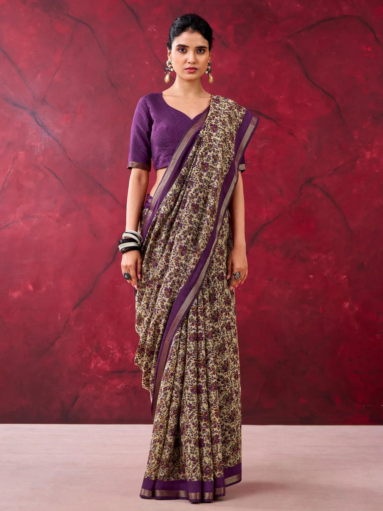Graceful Purple Floral Printed Cotton Office Wear Saree With Blouse