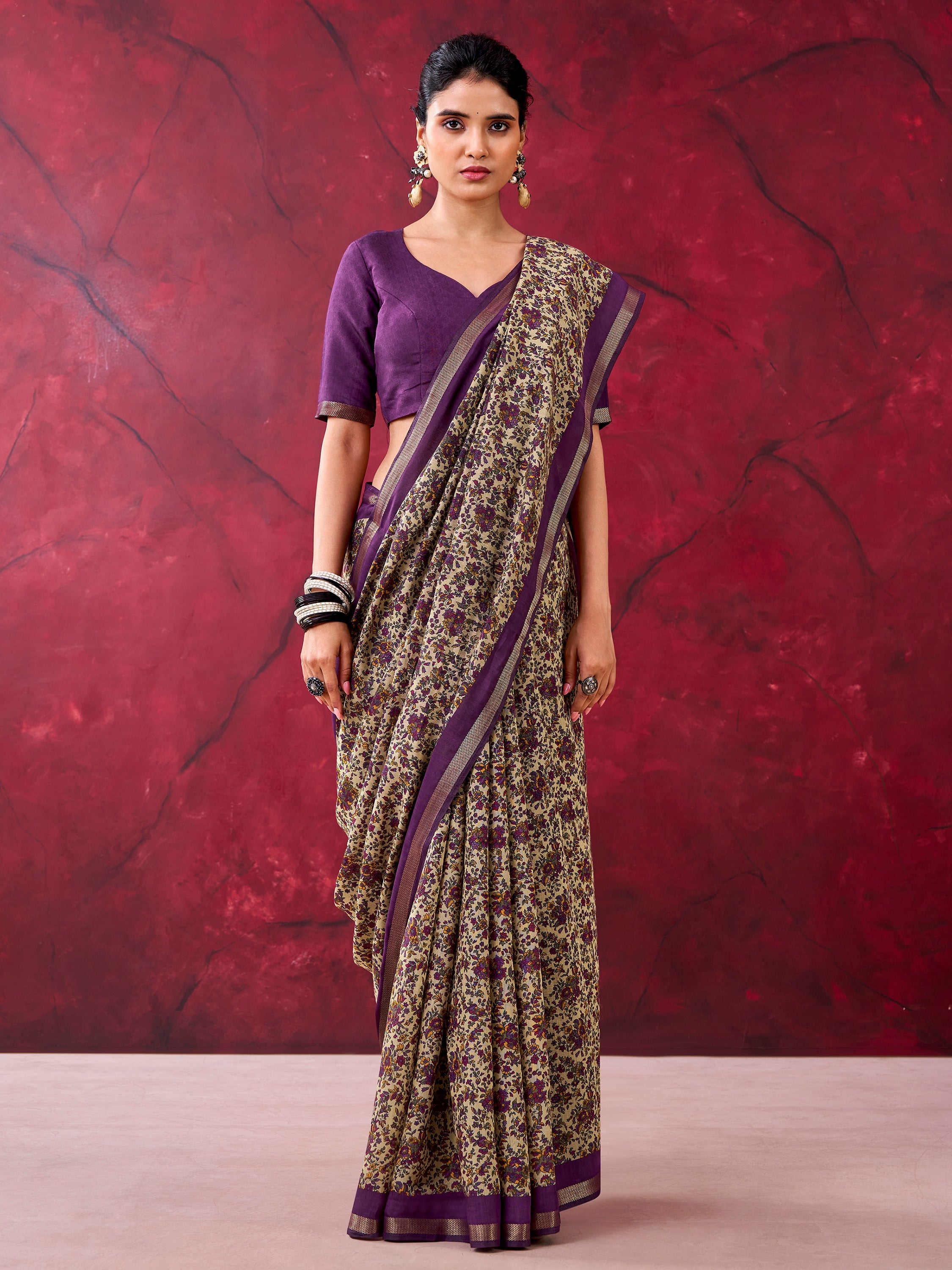 Graceful Purple Floral Printed Cotton Office Wear Saree With Blouse