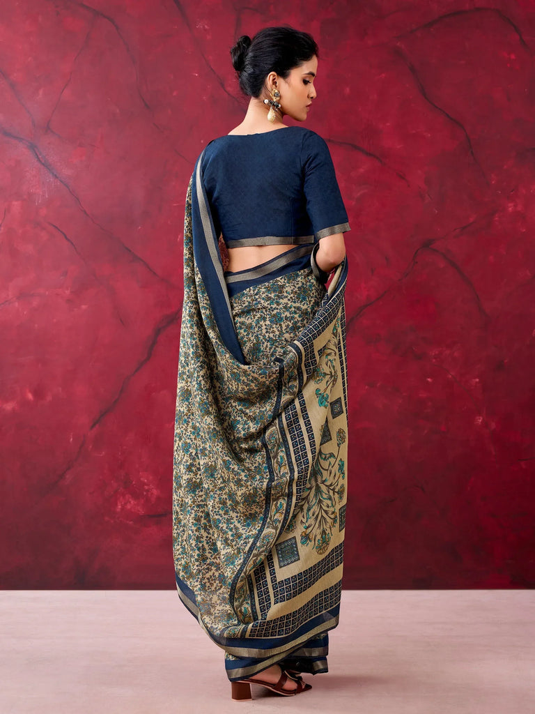 Dazzling Blue Printed Cotton Daily Wear Saree With Blouse