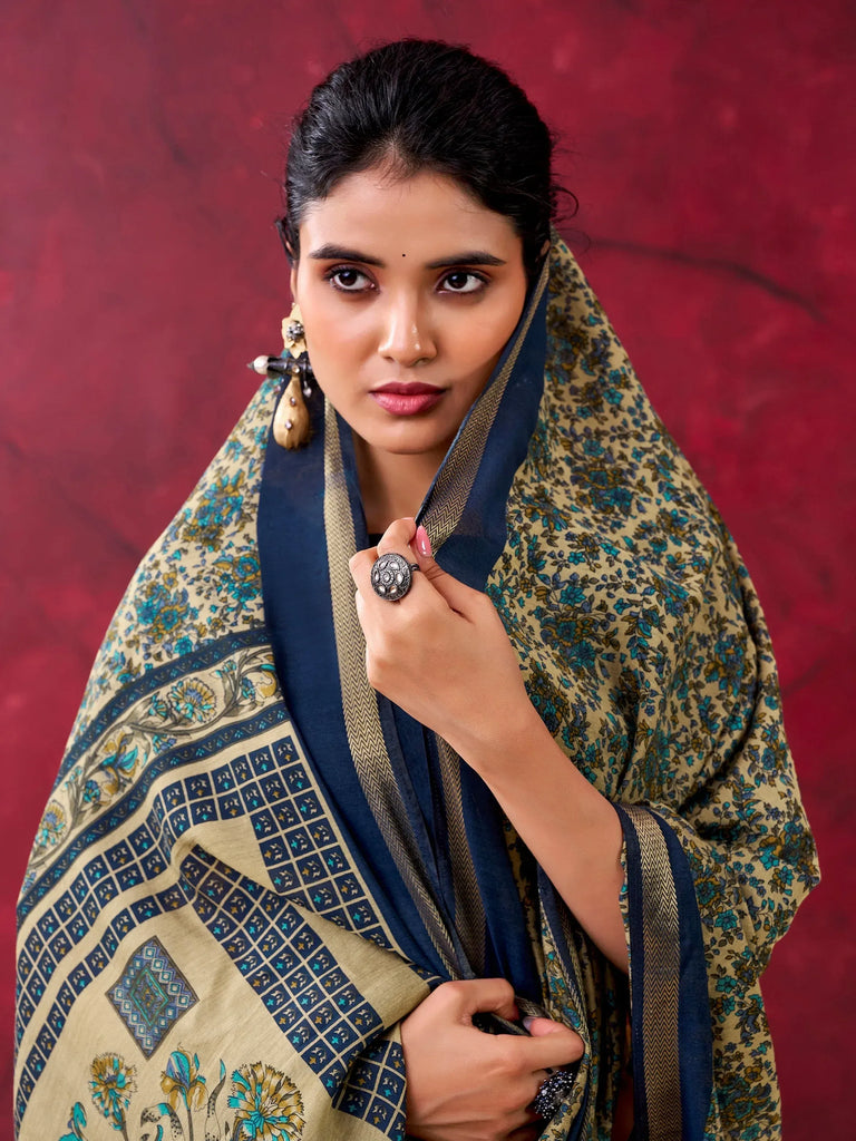 Dazzling Blue Printed Cotton Daily Wear Saree With Blouse