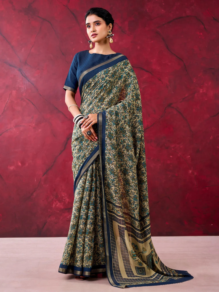Dazzling Blue Printed Cotton Daily Wear Saree With Blouse