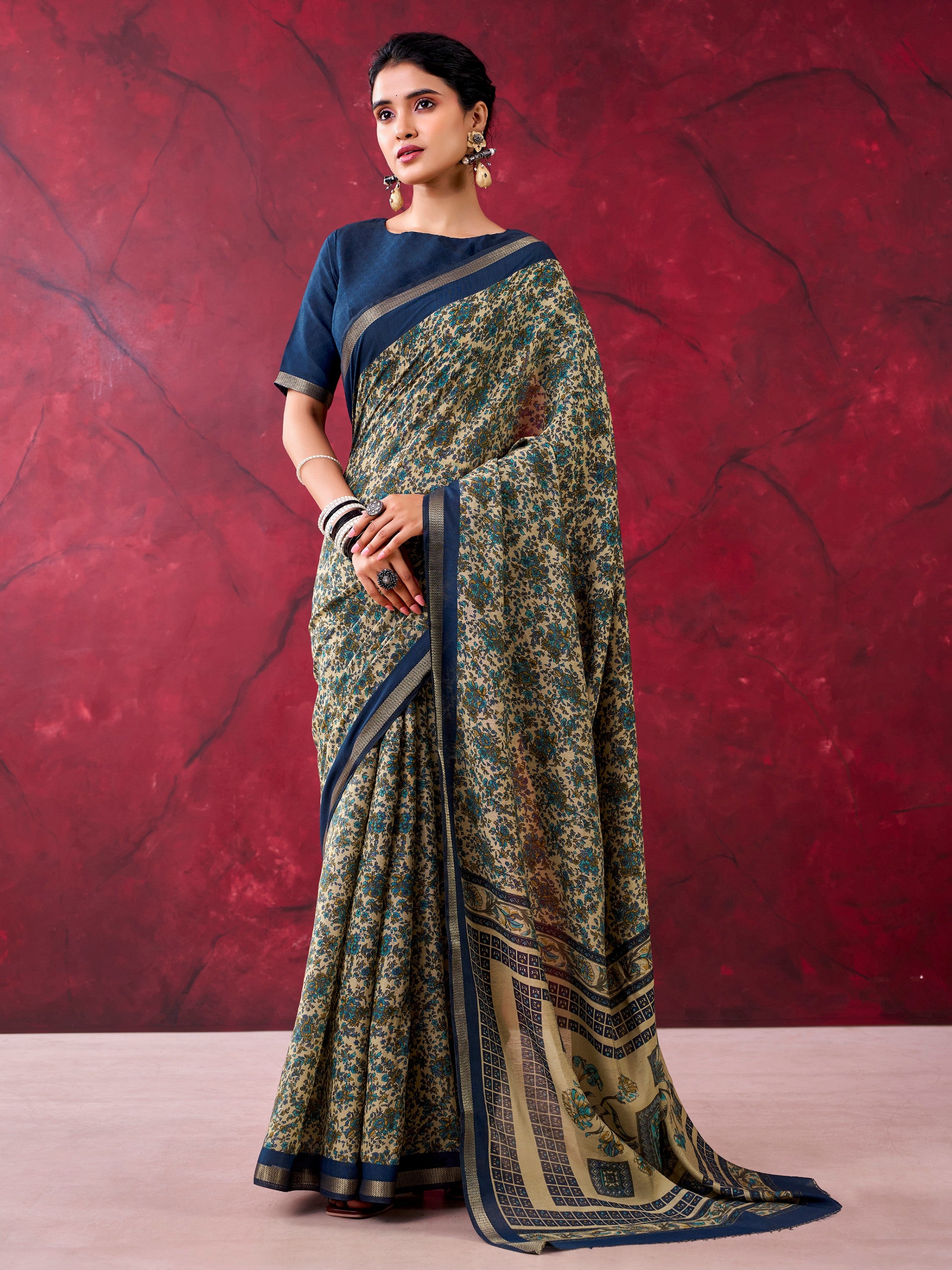 Dazzling Blue Printed Cotton Daily Wear Saree With Blouse