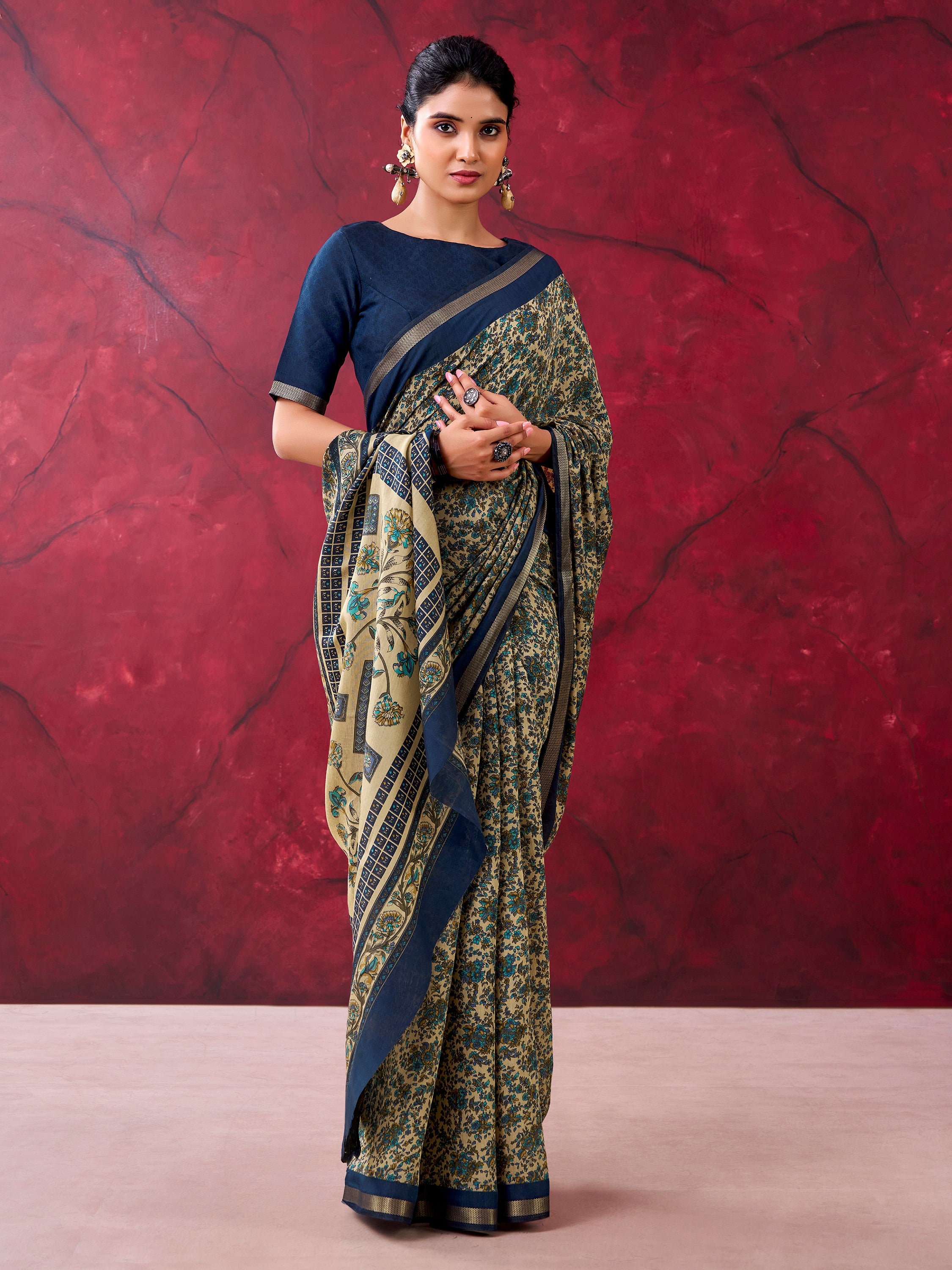 Dazzling Blue Printed Cotton Daily Wear Saree With Blouse