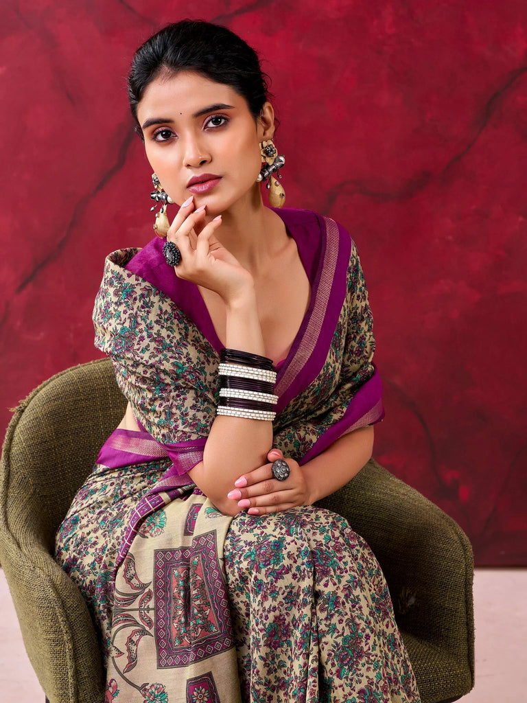 Marvelous Wine Printed Cotton Gathering Wear Saree With Blouse