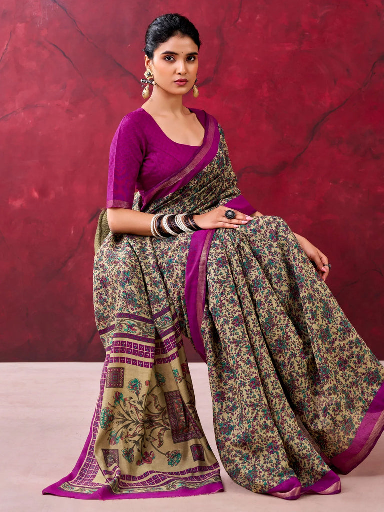 Marvelous Wine Printed Cotton Gathering Wear Saree With Blouse