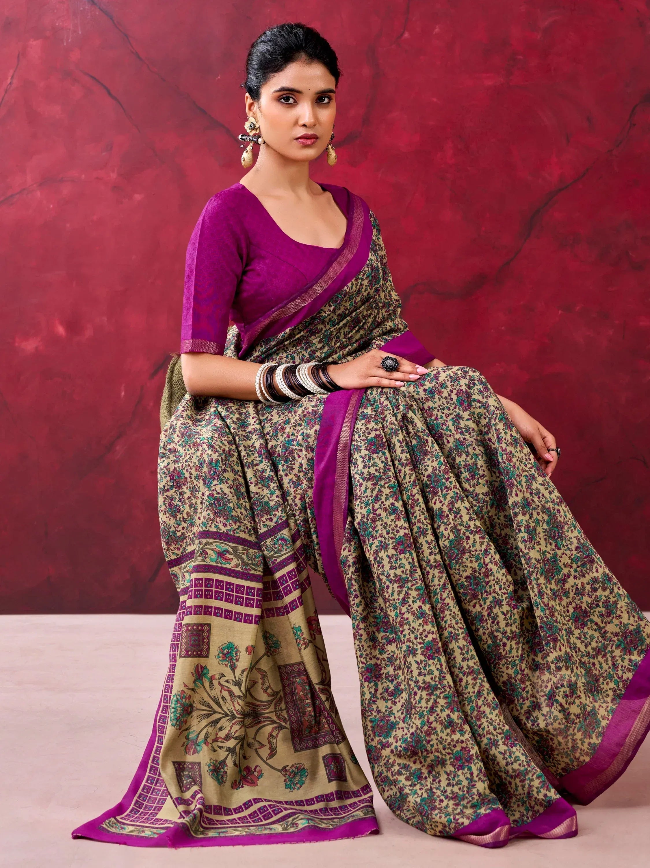 Marvelous Wine Printed Cotton Gathering Wear Saree With Blouse