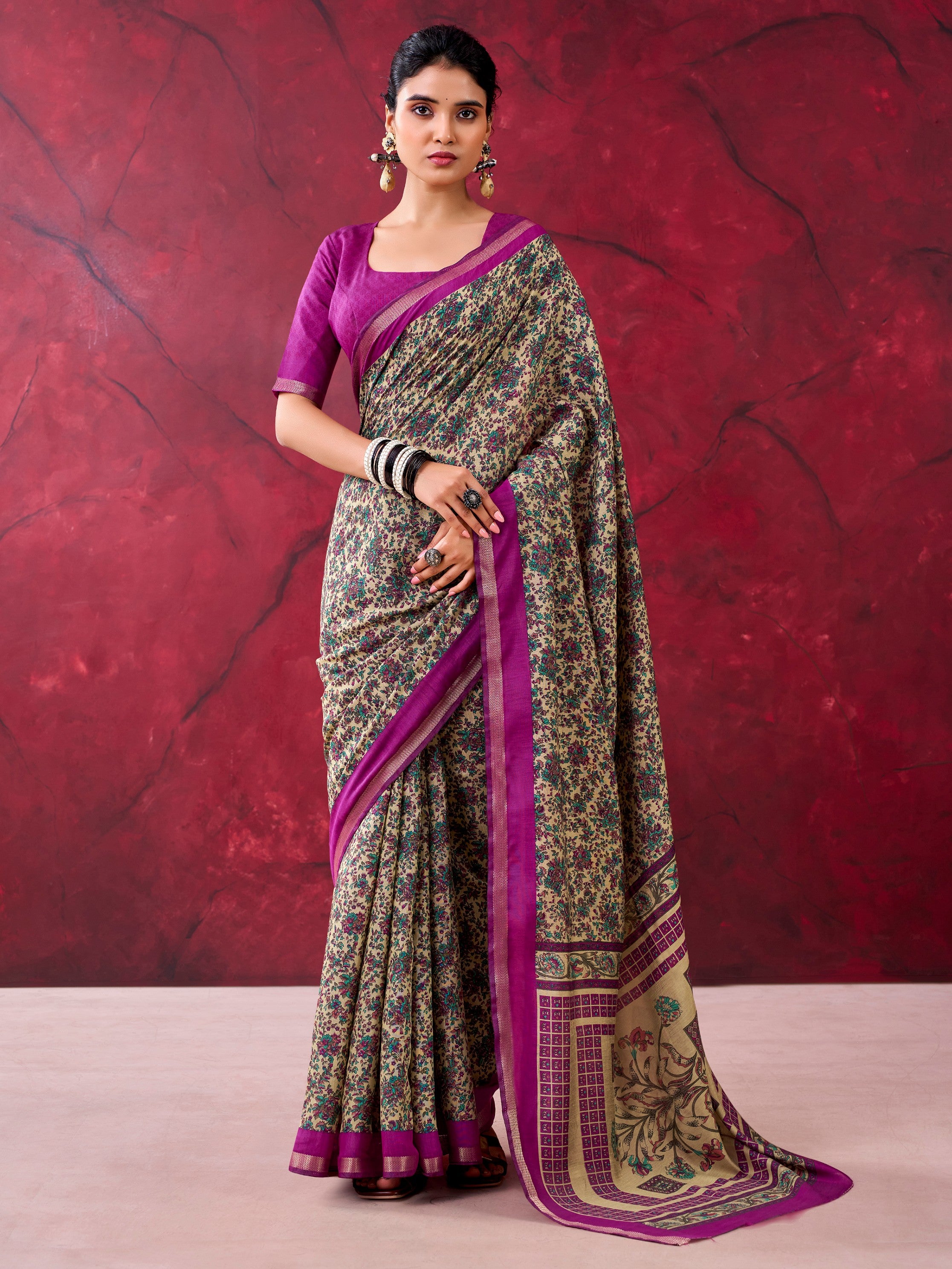 Marvelous Wine Printed Cotton Gathering Wear Saree With Blouse