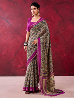 Marvelous Wine Floral Printed Cotton Gathering Wear Saree With Blouse