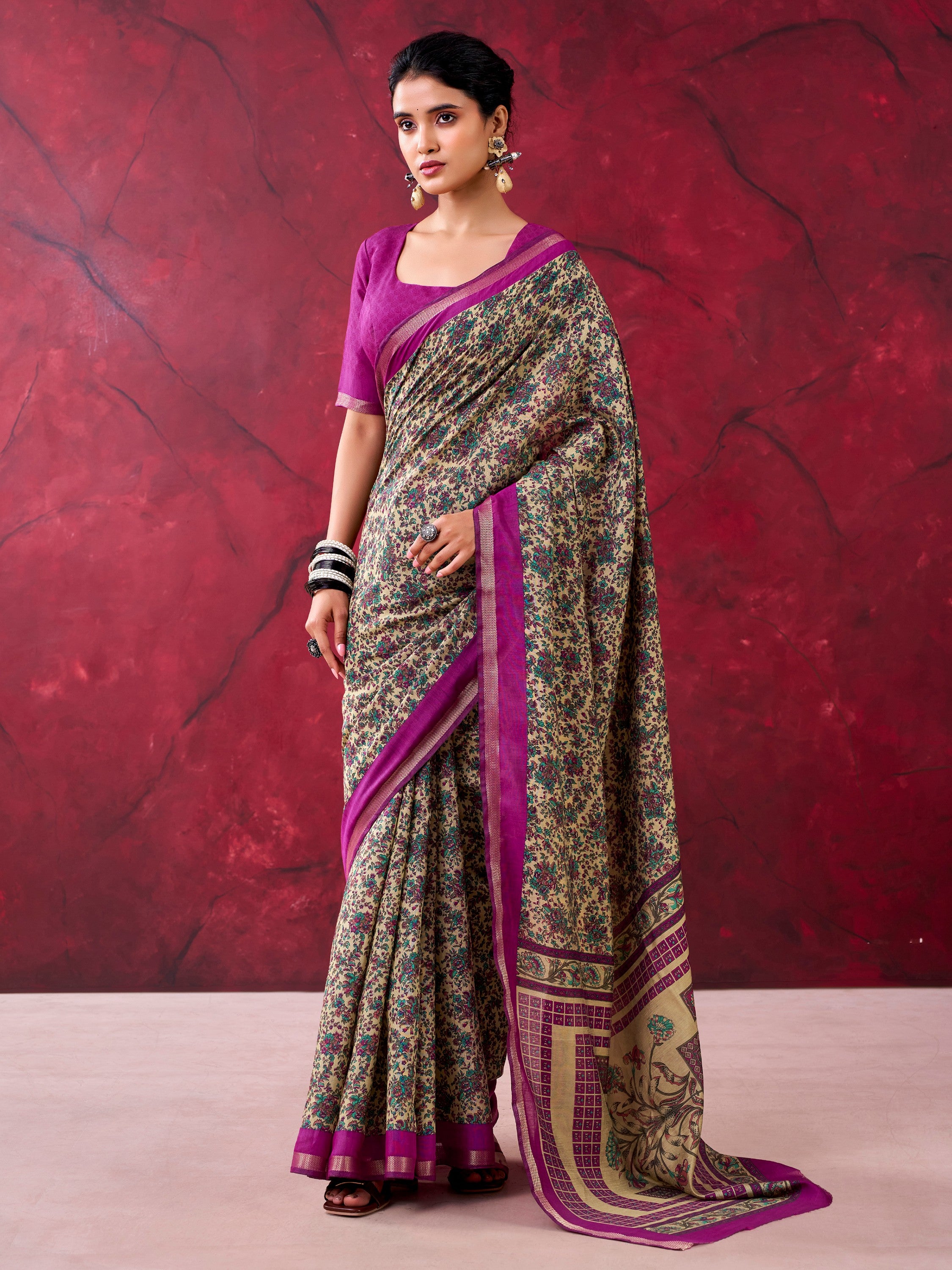Marvelous Wine Printed Cotton Gathering Wear Saree With Blouse