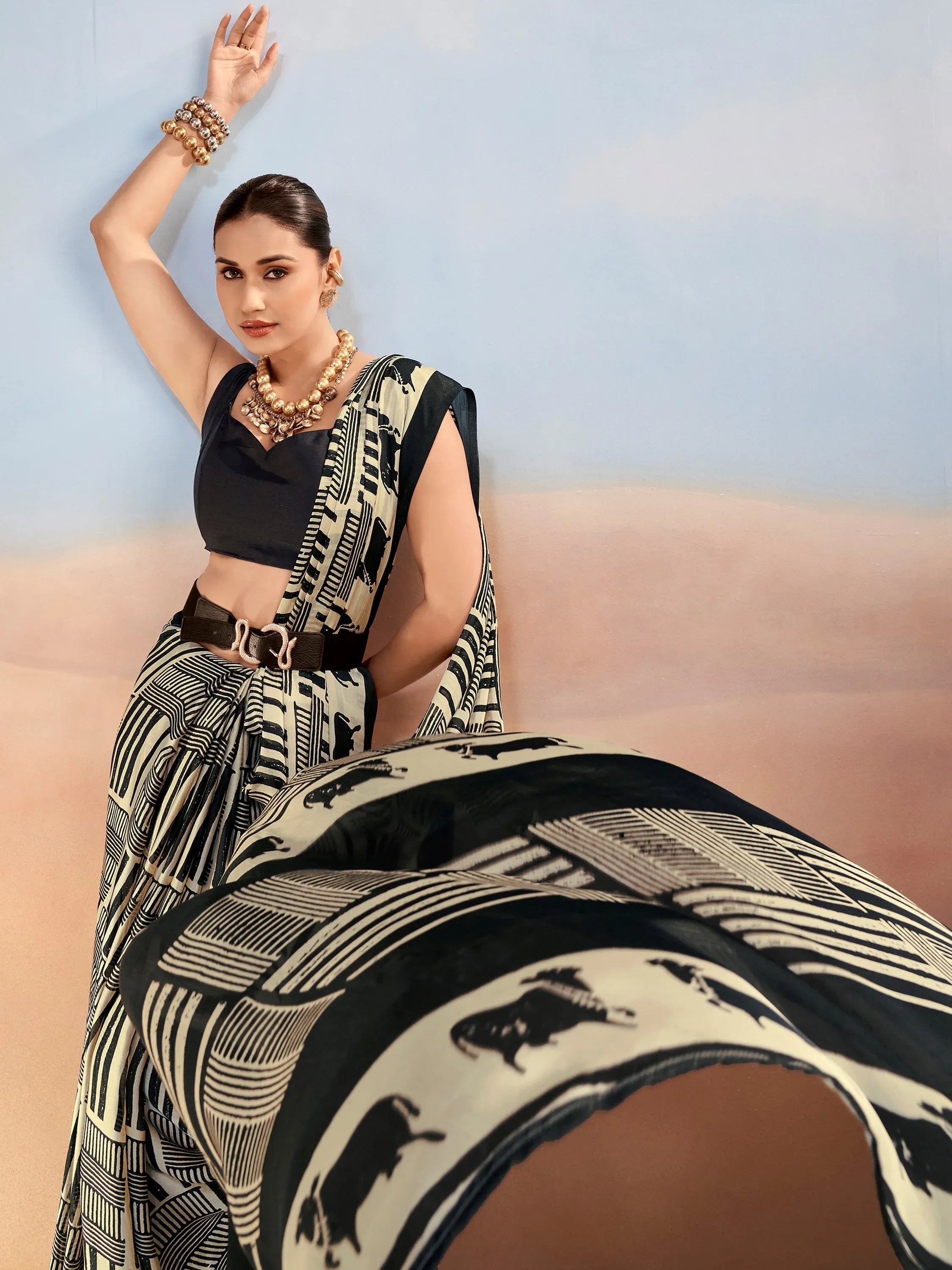 Classy Black Digital Printed Satin Casual Wear Saree With Blouse