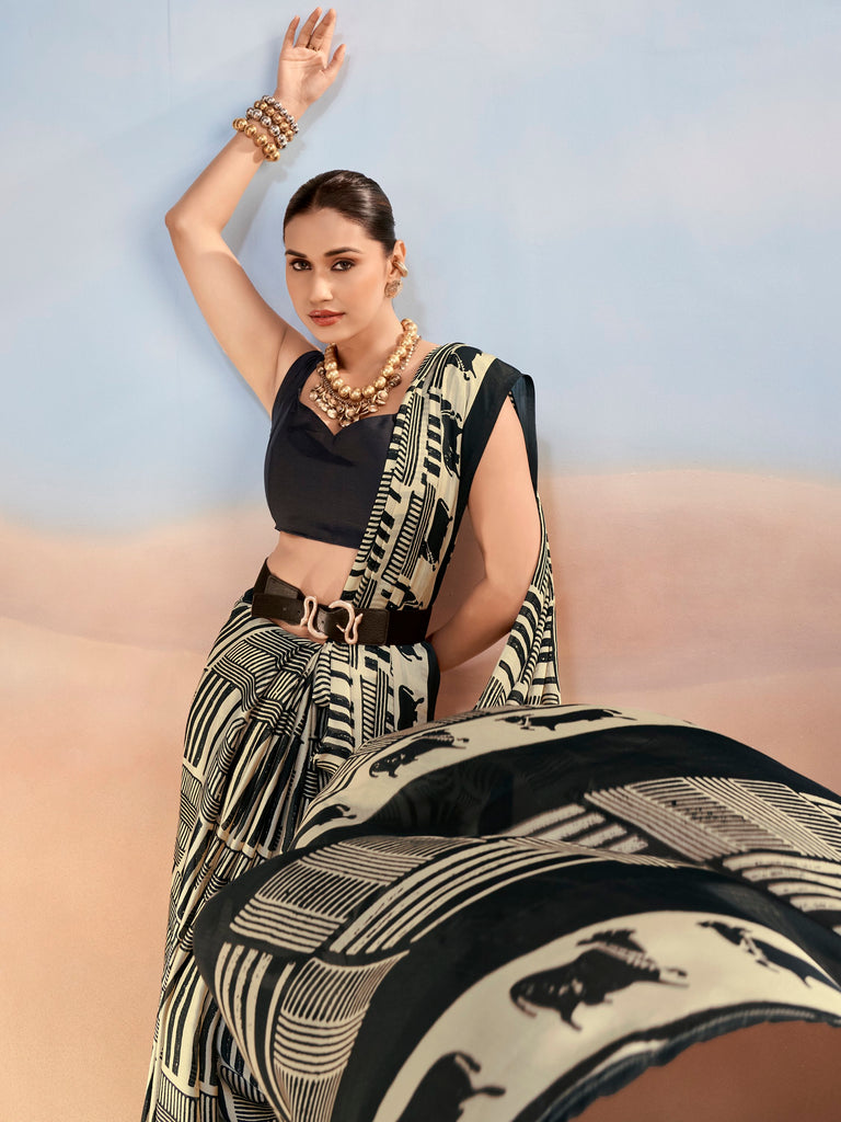Classy Black Digital Printed Satin Casual Wear Saree With Blouse