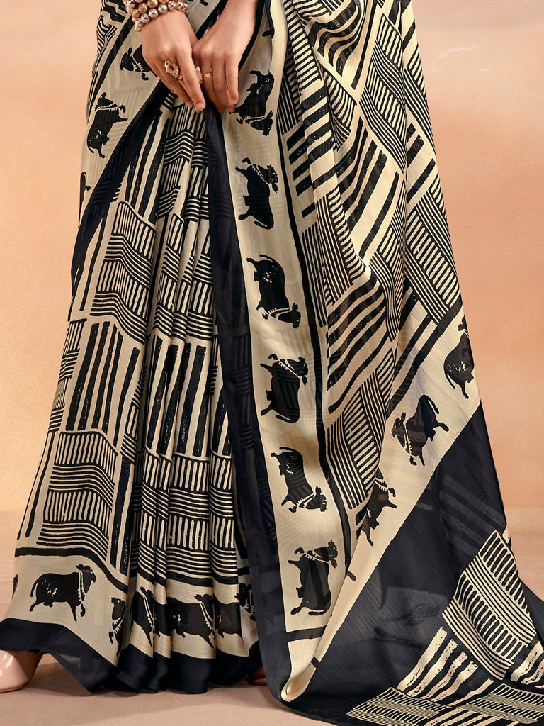 Classy Black Digital Printed Satin Casual Wear Saree With Blouse