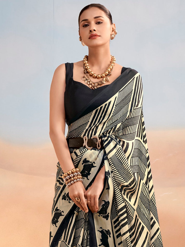 Classy Black Digital Printed Satin Casual Wear Saree With Blouse