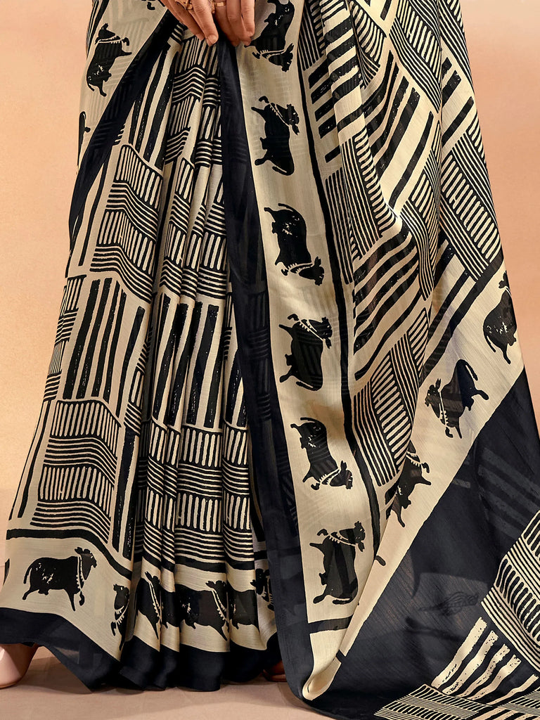 Classy Black Digital Printed Satin Casual Wear Saree With Blouse