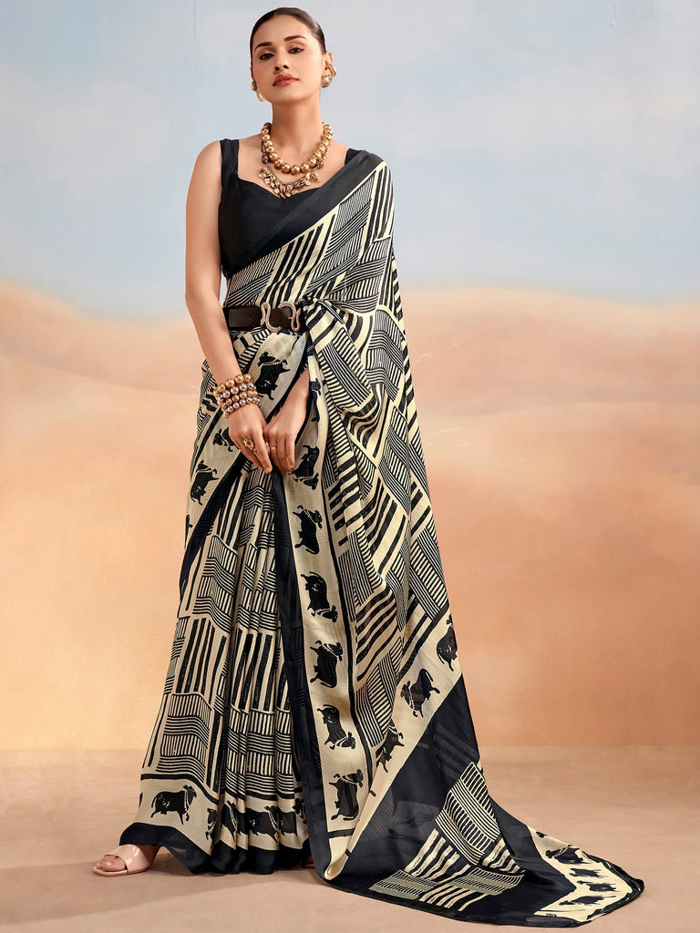Classy Black Digital Printed Satin Casual Wear Saree With Blouse