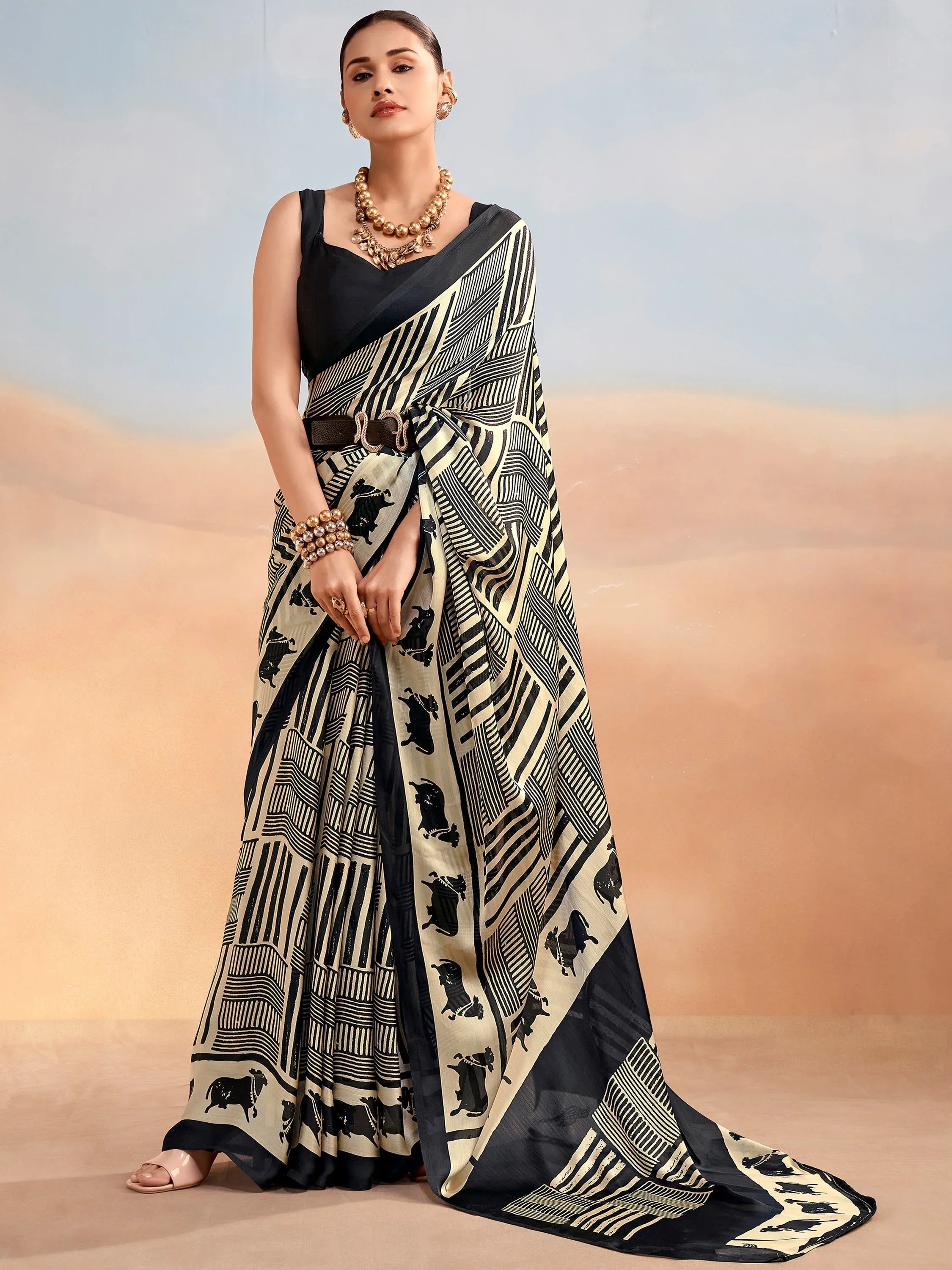 Classy Black Digital Printed Satin Casual Wear Saree With Blouse