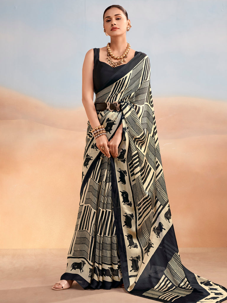 Classy Black Digital Printed Satin Casual Wear Saree With Blouse