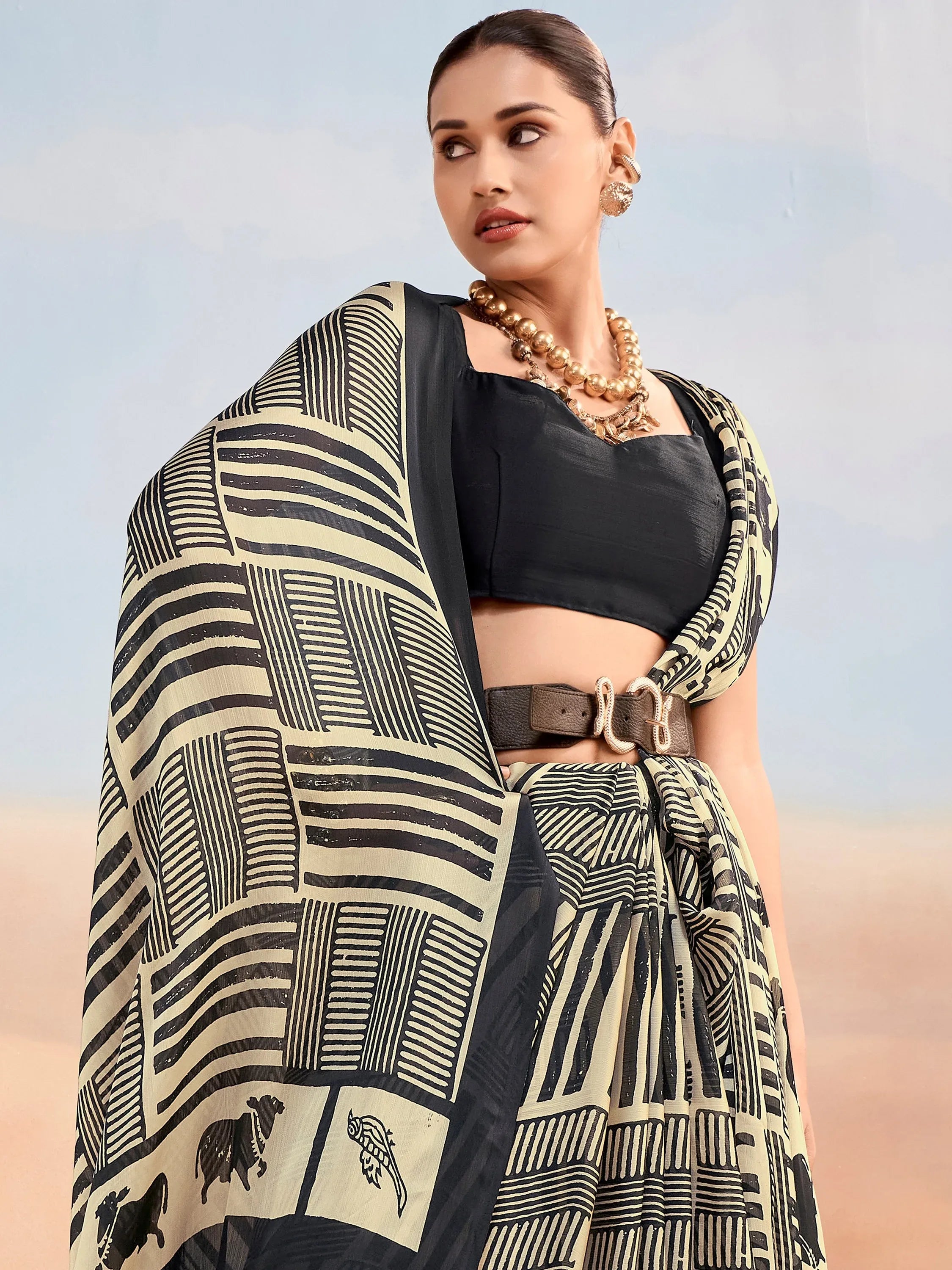 Classy Black Digital Printed Satin Casual Wear Saree With Blouse