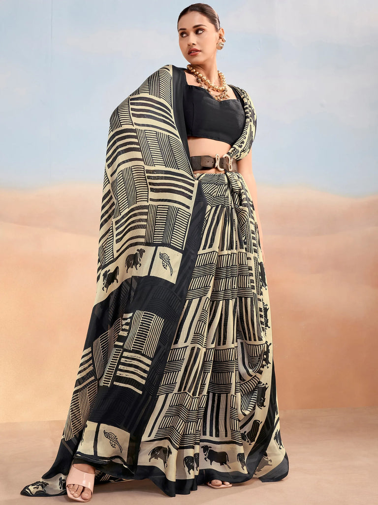 Classy Black Digital Printed Satin Casual Wear Saree With Blouse