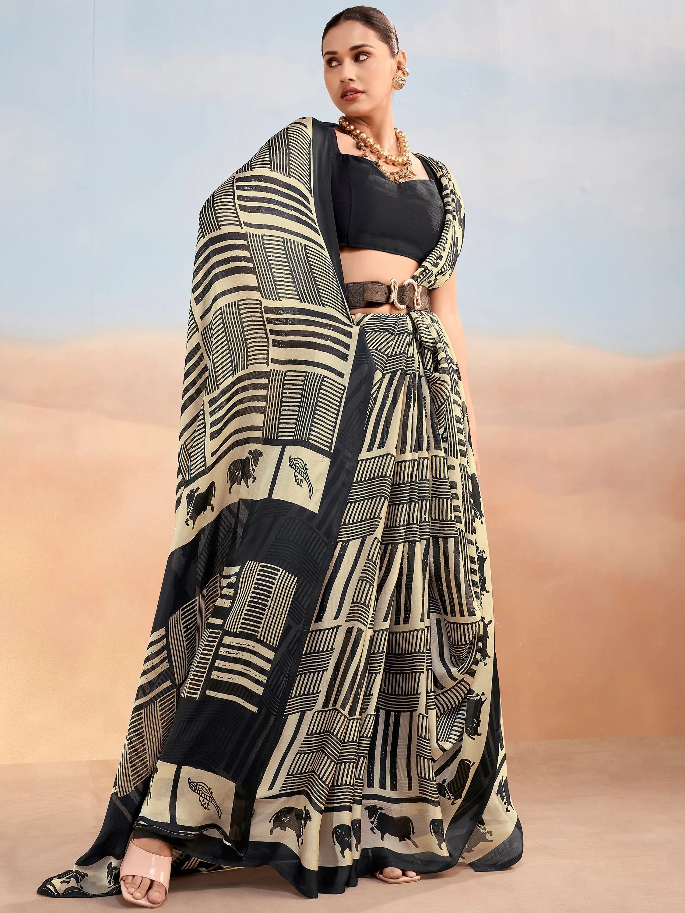 Classy Black Digital Printed Satin Casual Wear Saree With Blouse