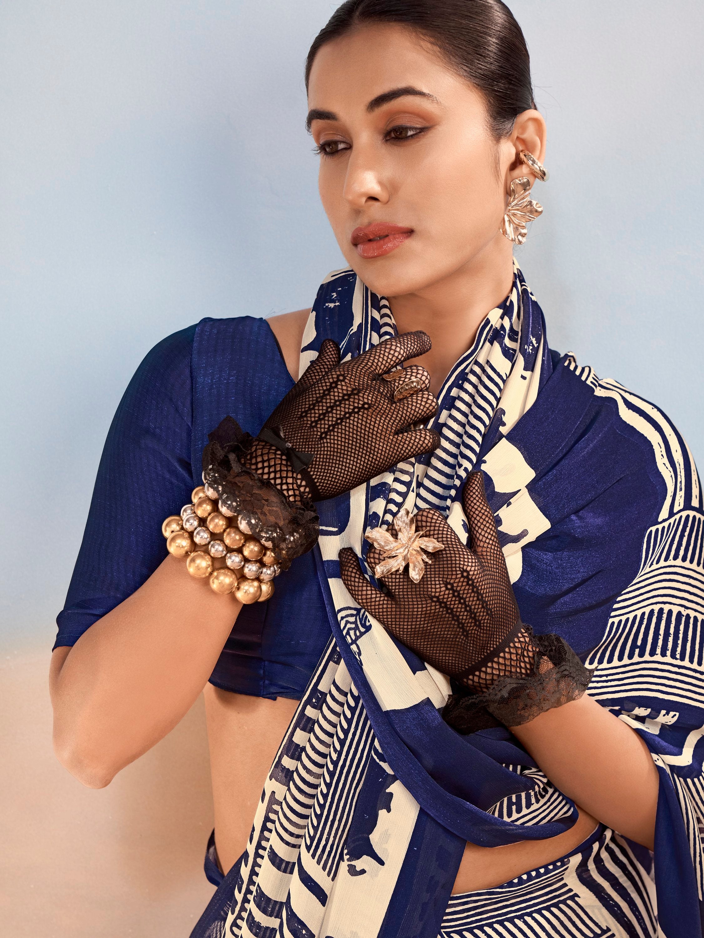 Rich Navy Blue Digital Printed Satin Office Wear Saree With Blouse