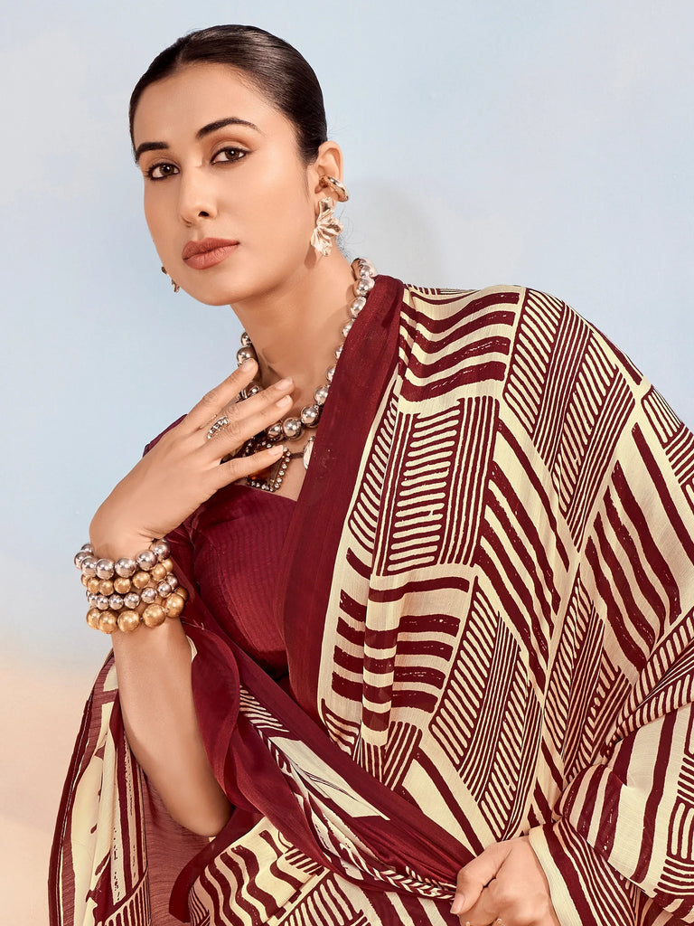Enchanting Maroon Printed Satin Festive Wear Saree With Blouse