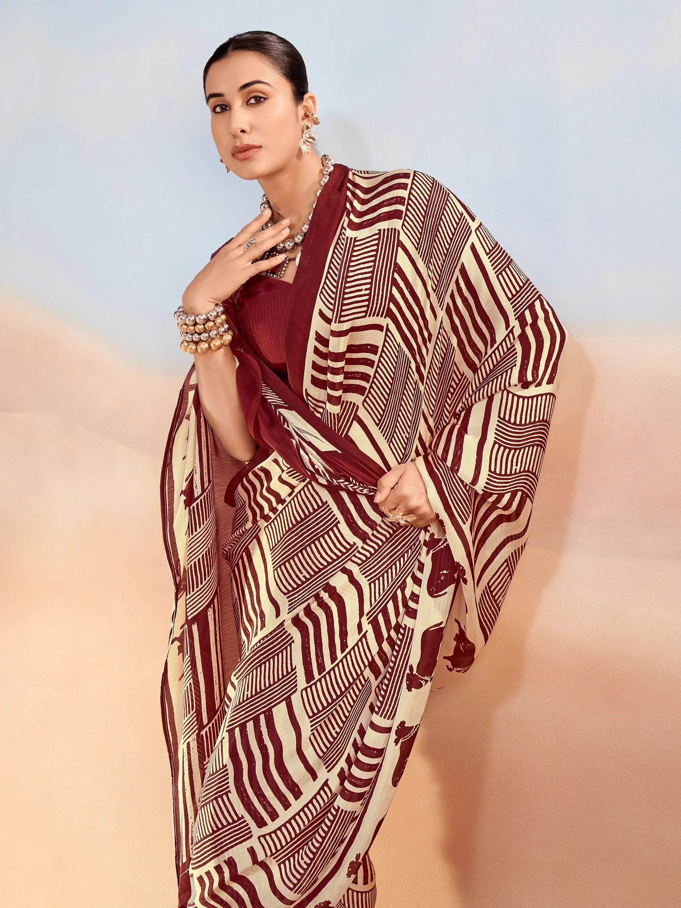 Enchanting Maroon Printed Satin Festive Wear Saree With Blouse