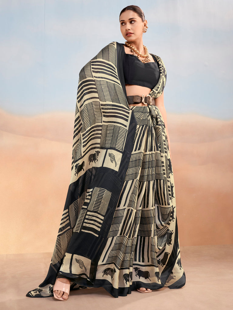 Classy Black Digital Printed Satin Casual Wear Saree With Blouse
