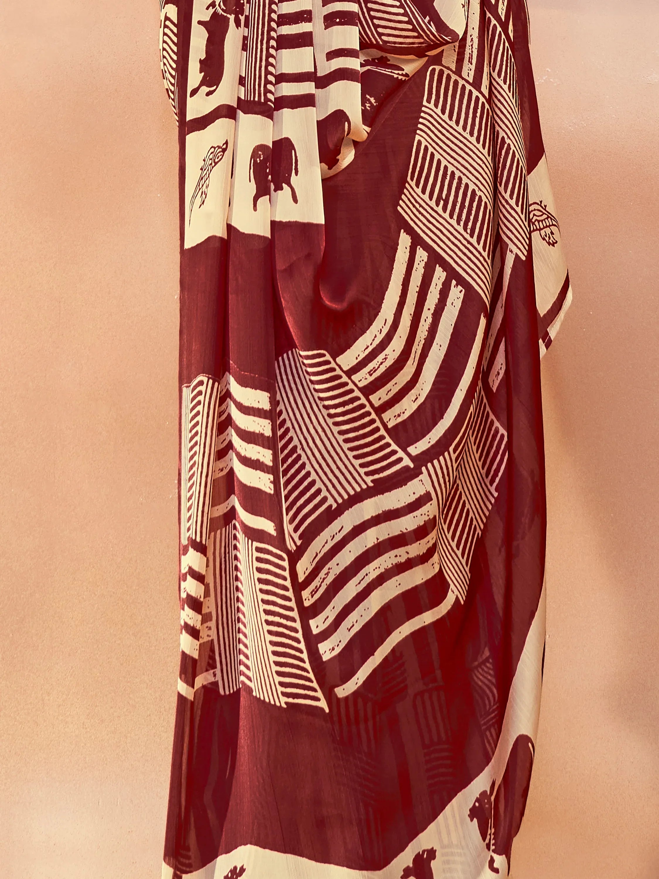 Enchanting Maroon Printed Satin Festive Wear Saree With Blouse
