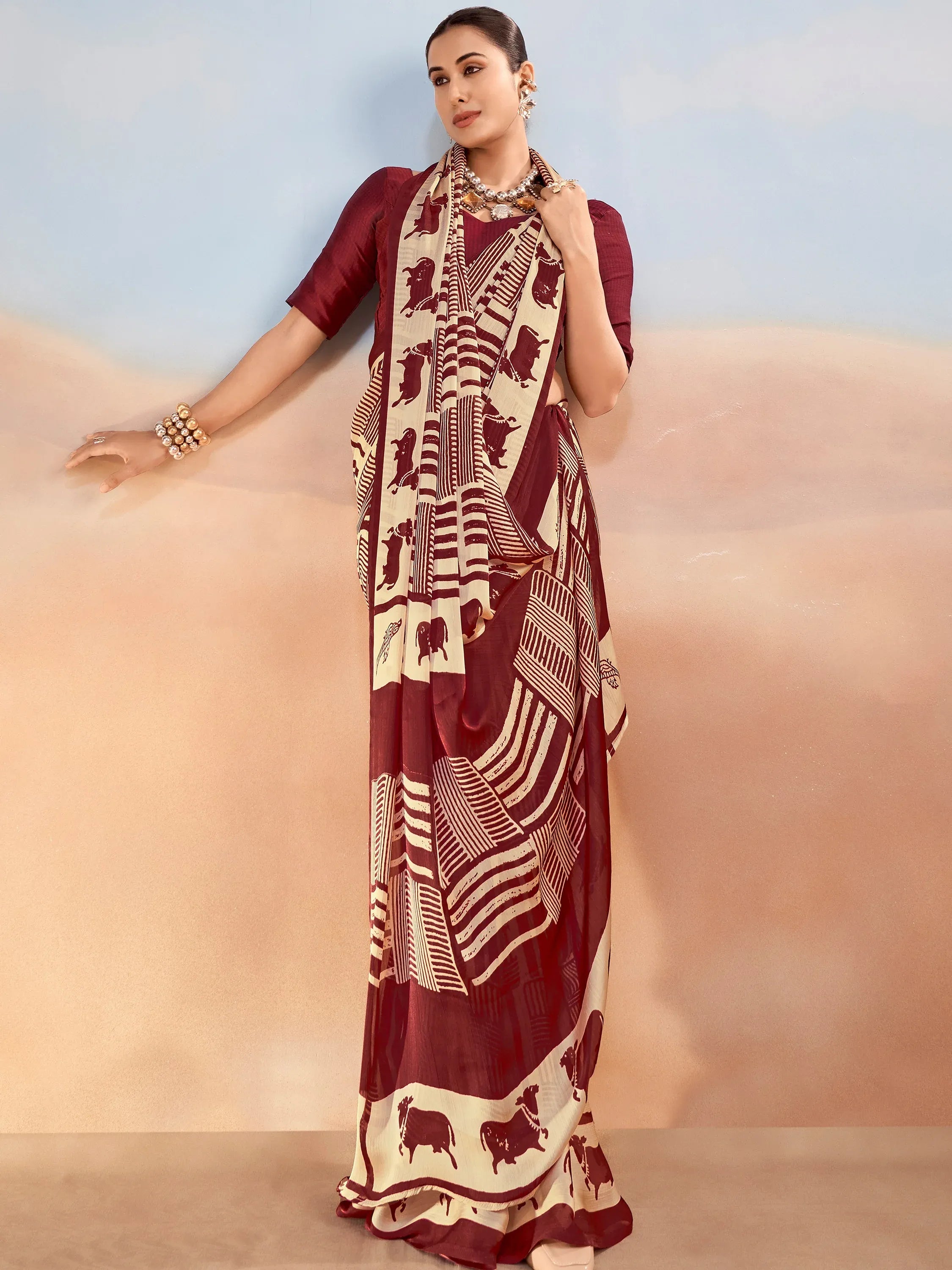 Enchanting Maroon Printed Satin Festive Wear Saree With Blouse