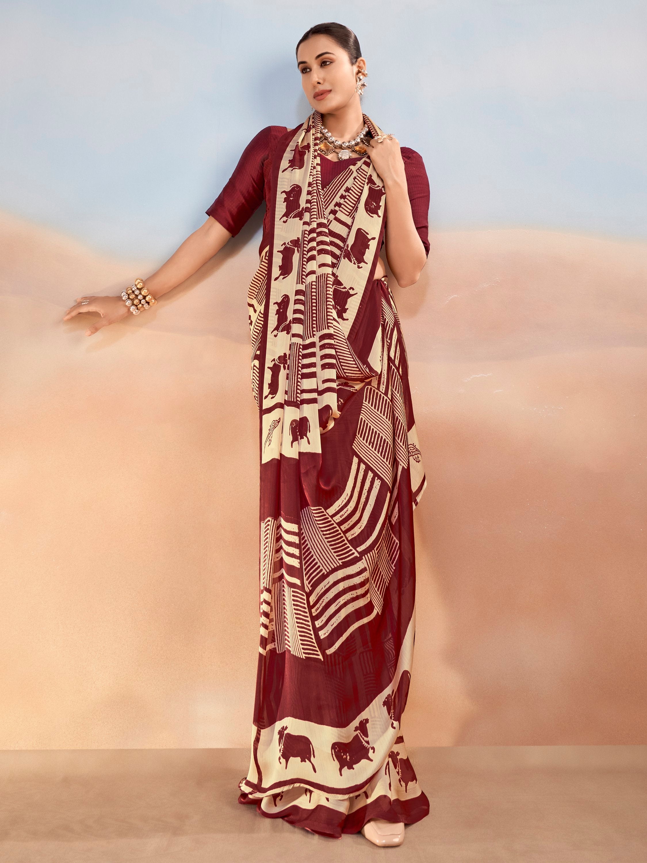 Enchanting Maroon Printed Satin Festive Wear Saree With Blouse