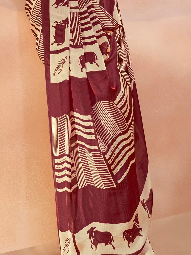 Enchanting Maroon Printed Satin Festive Wear Saree With Blouse