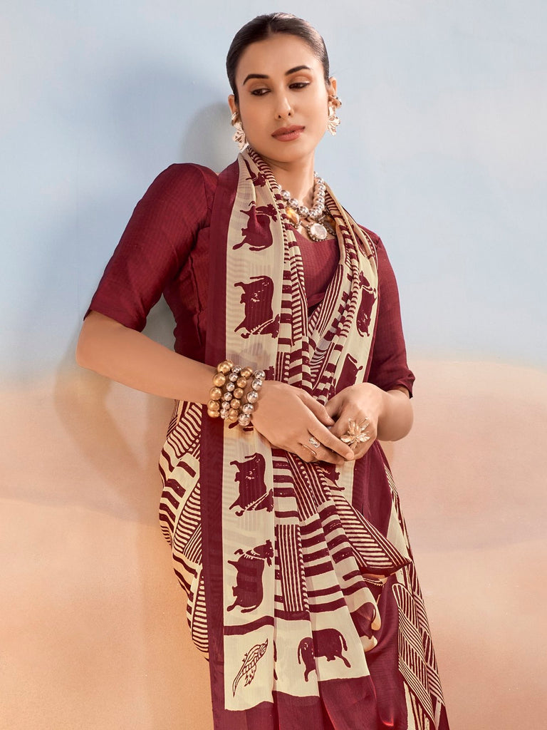 Enchanting Maroon Printed Satin Festive Wear Saree With Blouse