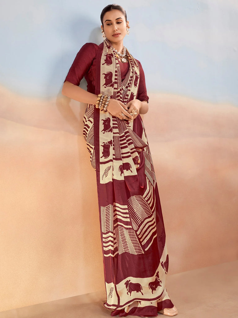 Enchanting Maroon Printed Satin Festive Wear Saree With Blouse