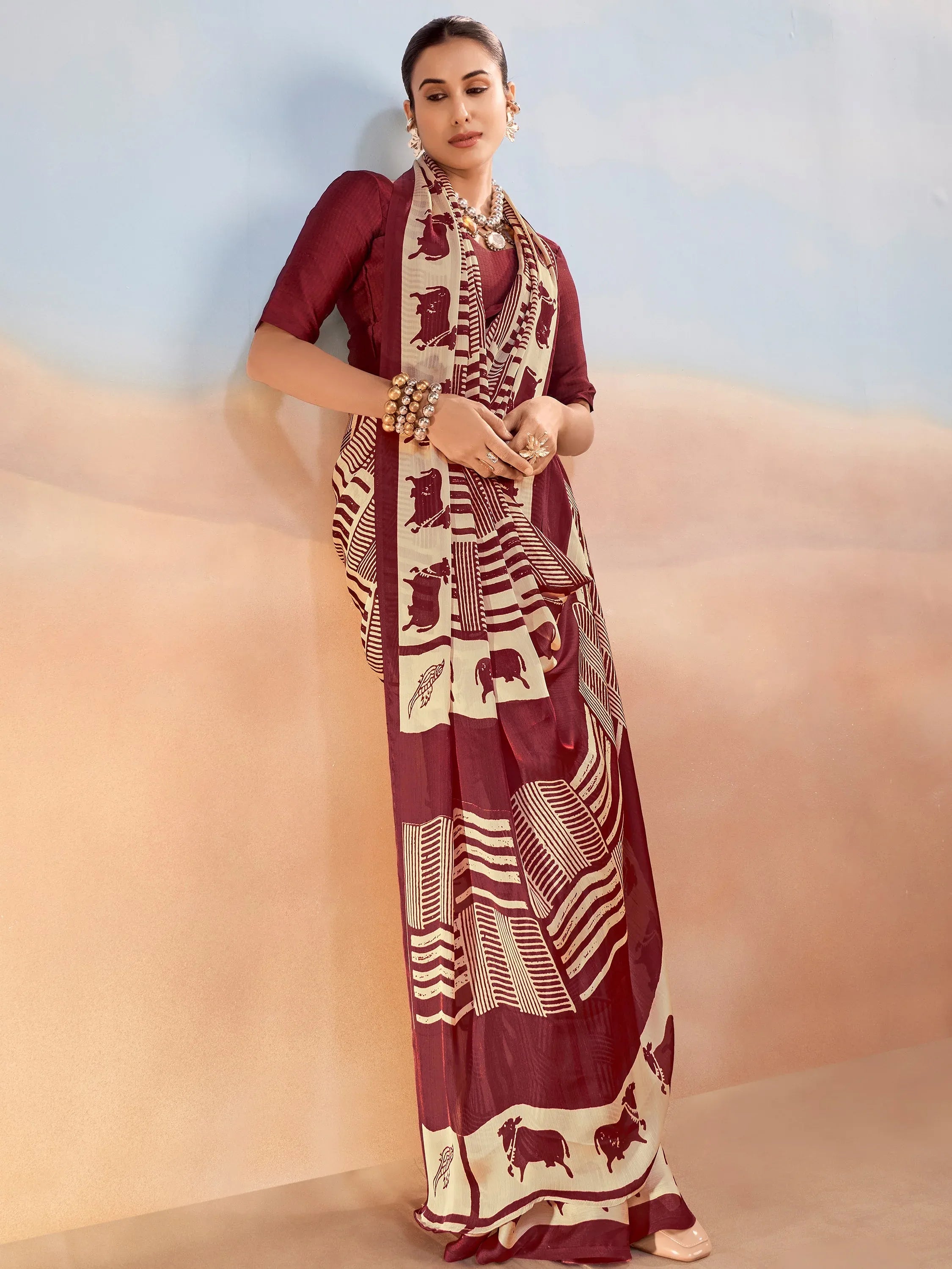 Enchanting Maroon Printed Satin Festive Wear Saree With Blouse