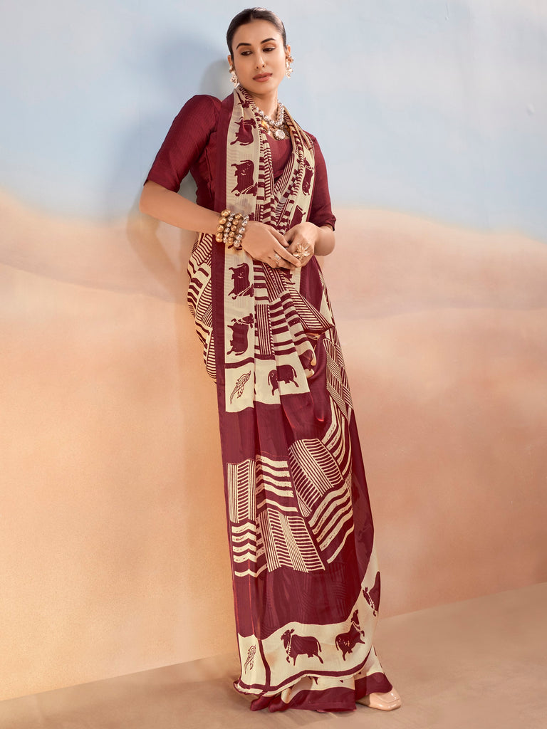 Enchanting Maroon Printed Satin Festive Wear Saree With Blouse