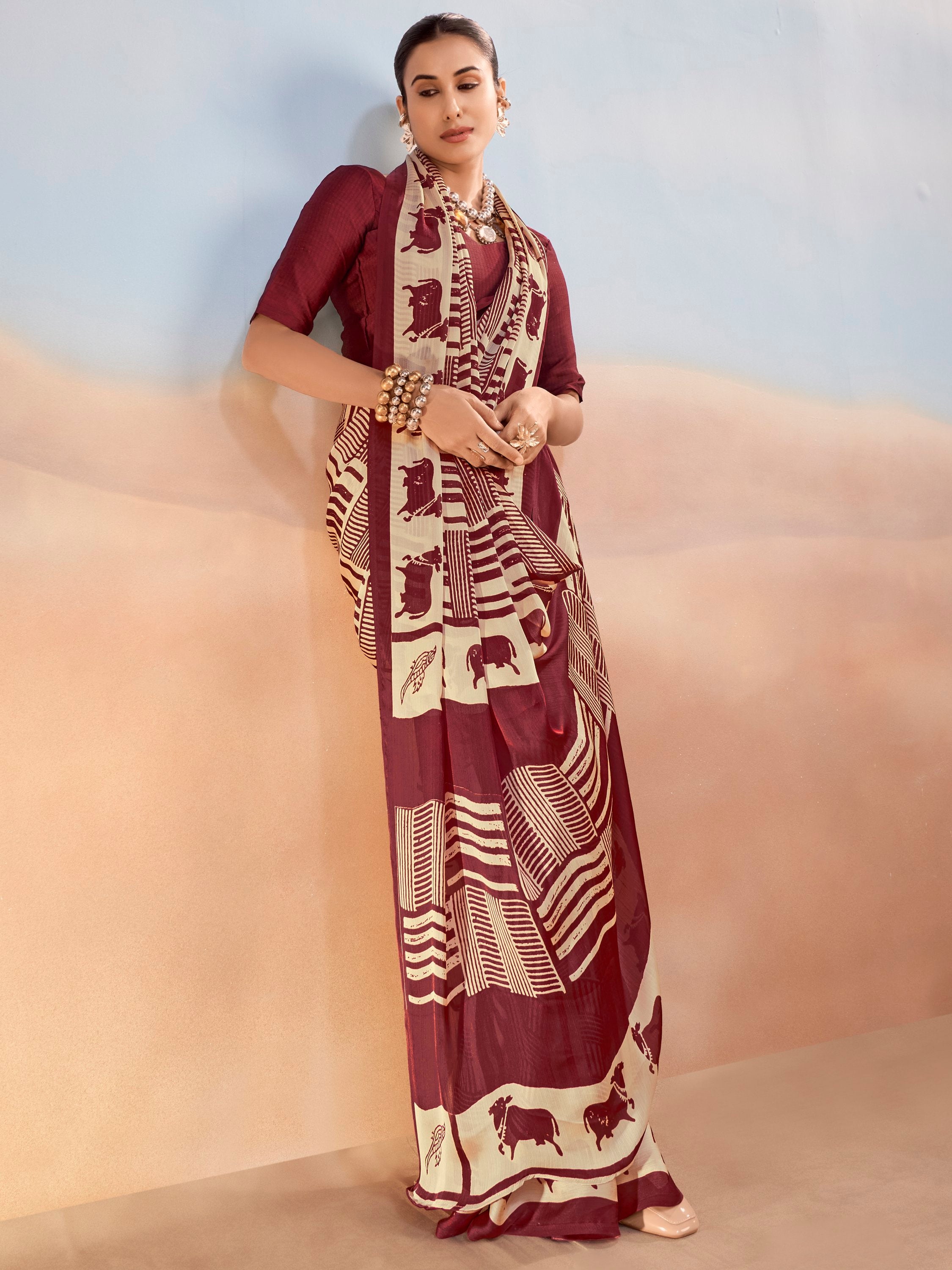 Enchanting Maroon Printed Satin Festive Wear Saree With Blouse