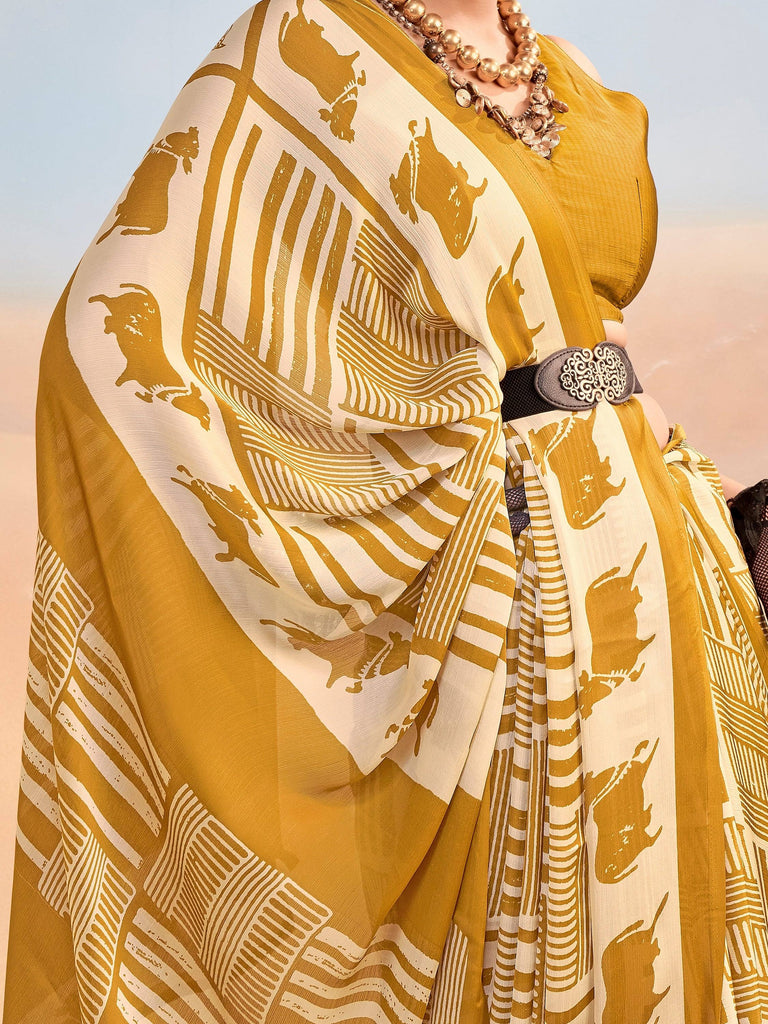 Regal Mustard Yellow Printed Satin Daily Wear Saree With Blouse