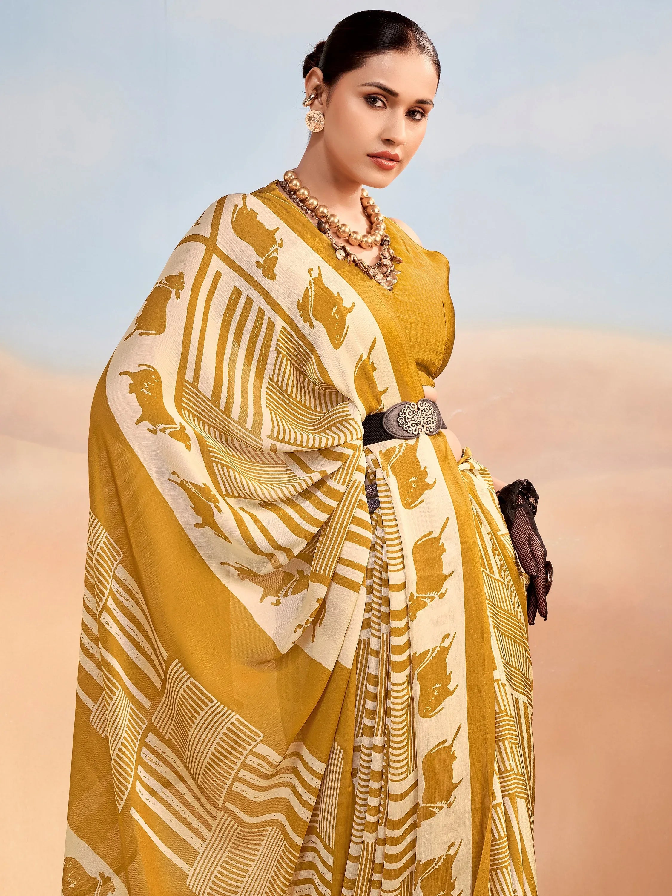 Regal Mustard Yellow Printed Satin Daily Wear Saree With Blouse