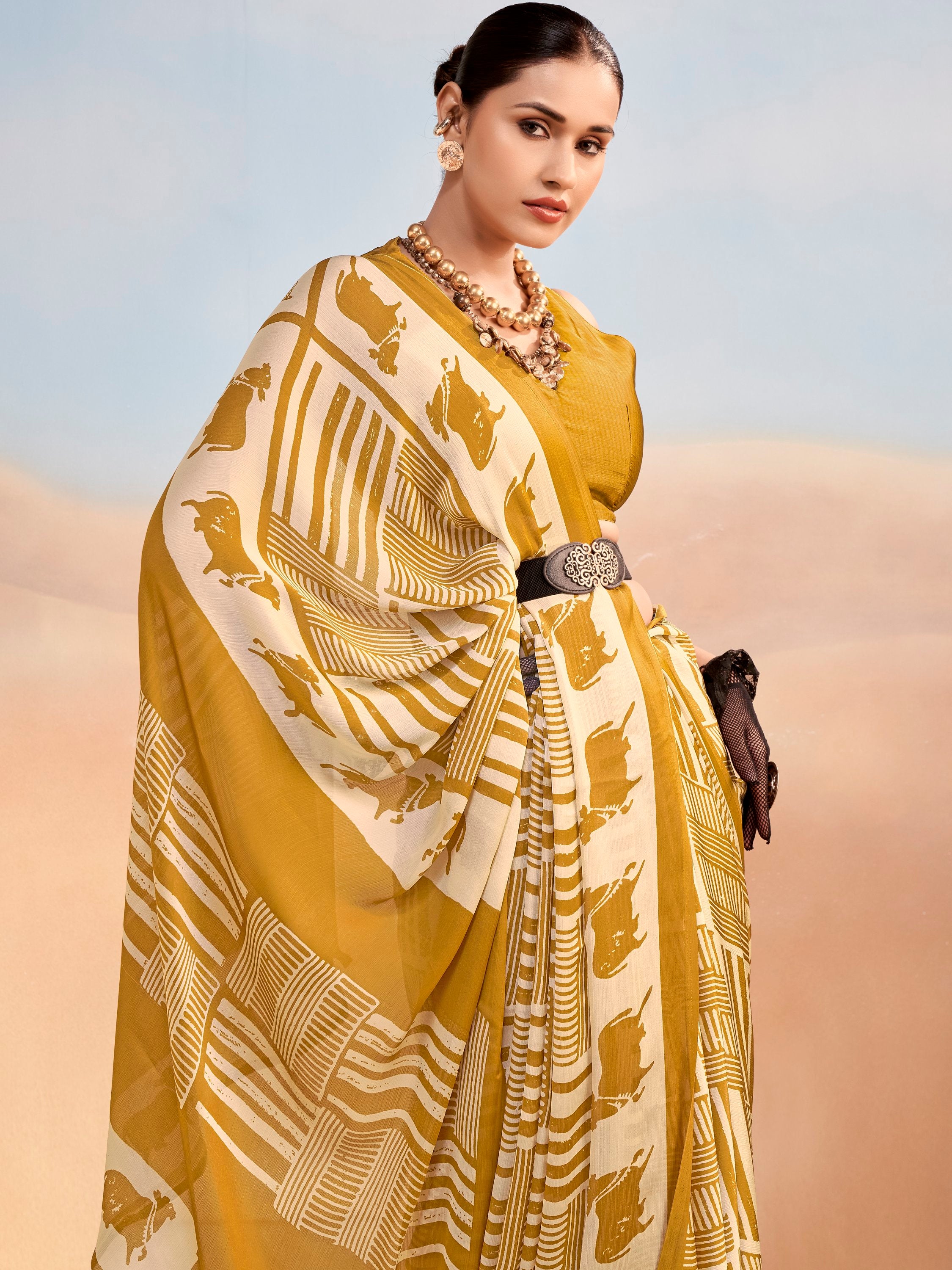Regal Mustard Yellow Printed Satin Daily Wear Saree With Blouse