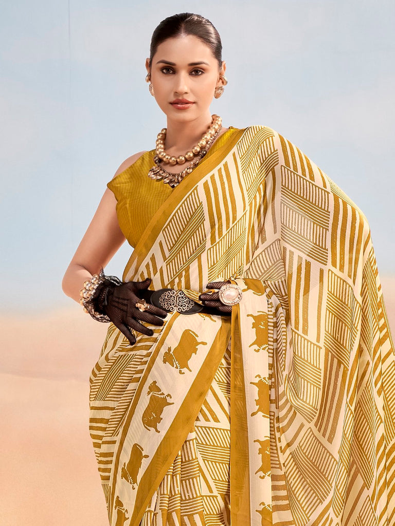Regal Mustard Yellow Printed Satin Daily Wear Saree With Blouse