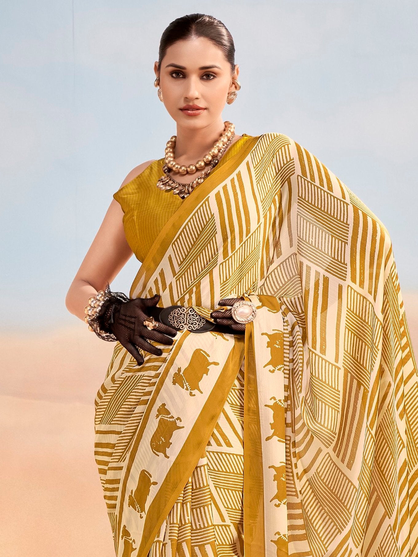 Regal Mustard Yellow Printed Satin Daily Wear Saree With Blouse