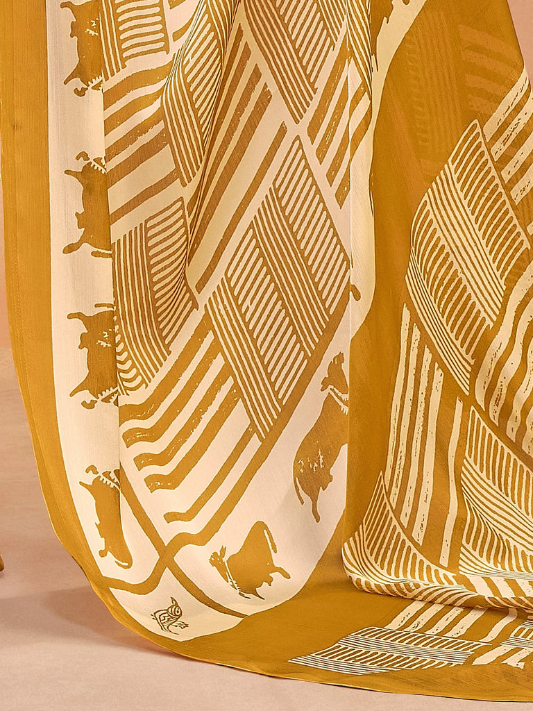 Regal Mustard Yellow Printed Satin Daily Wear Saree With Blouse