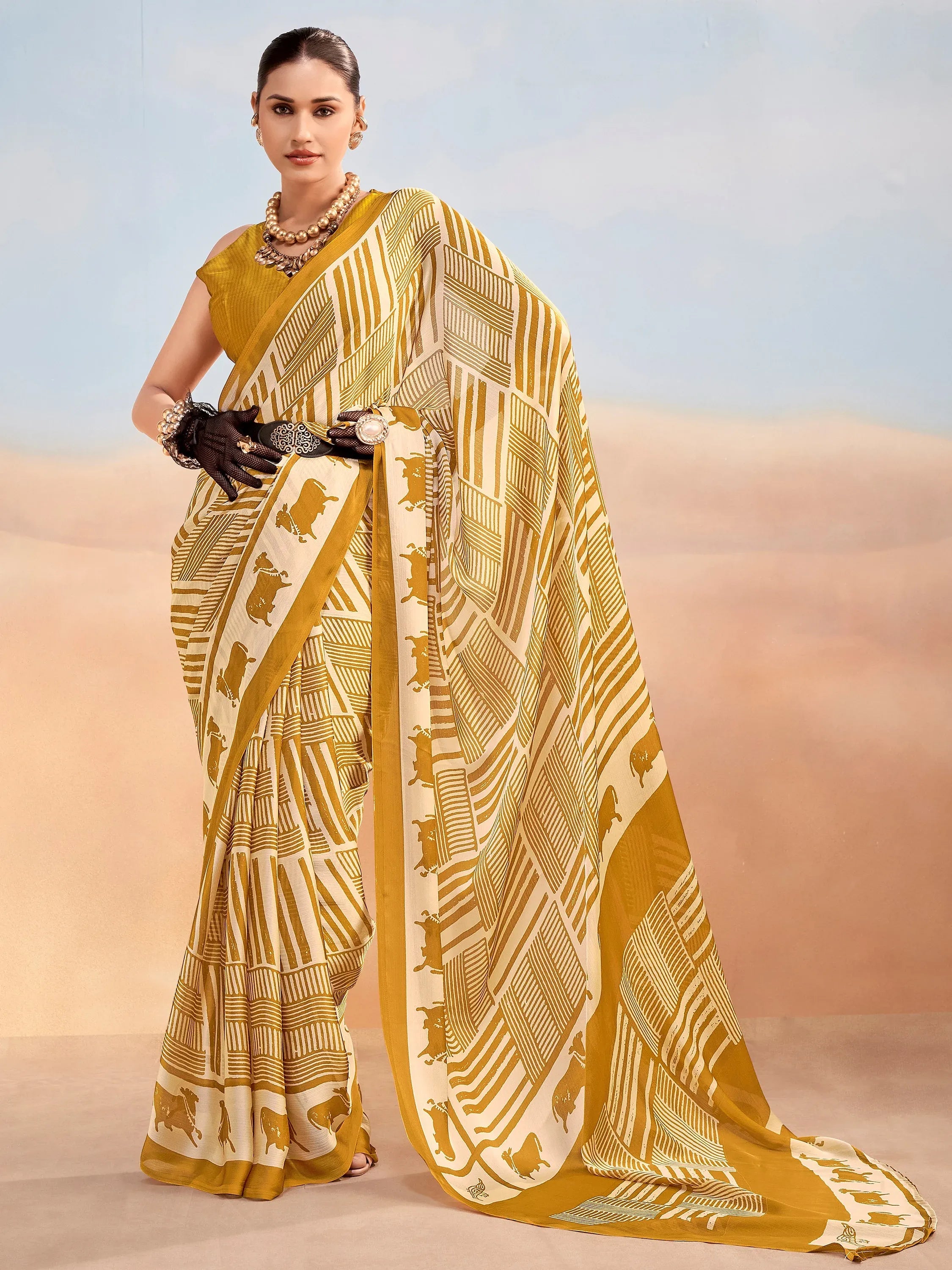 Regal Mustard Yellow Printed Satin Daily Wear Saree With Blouse