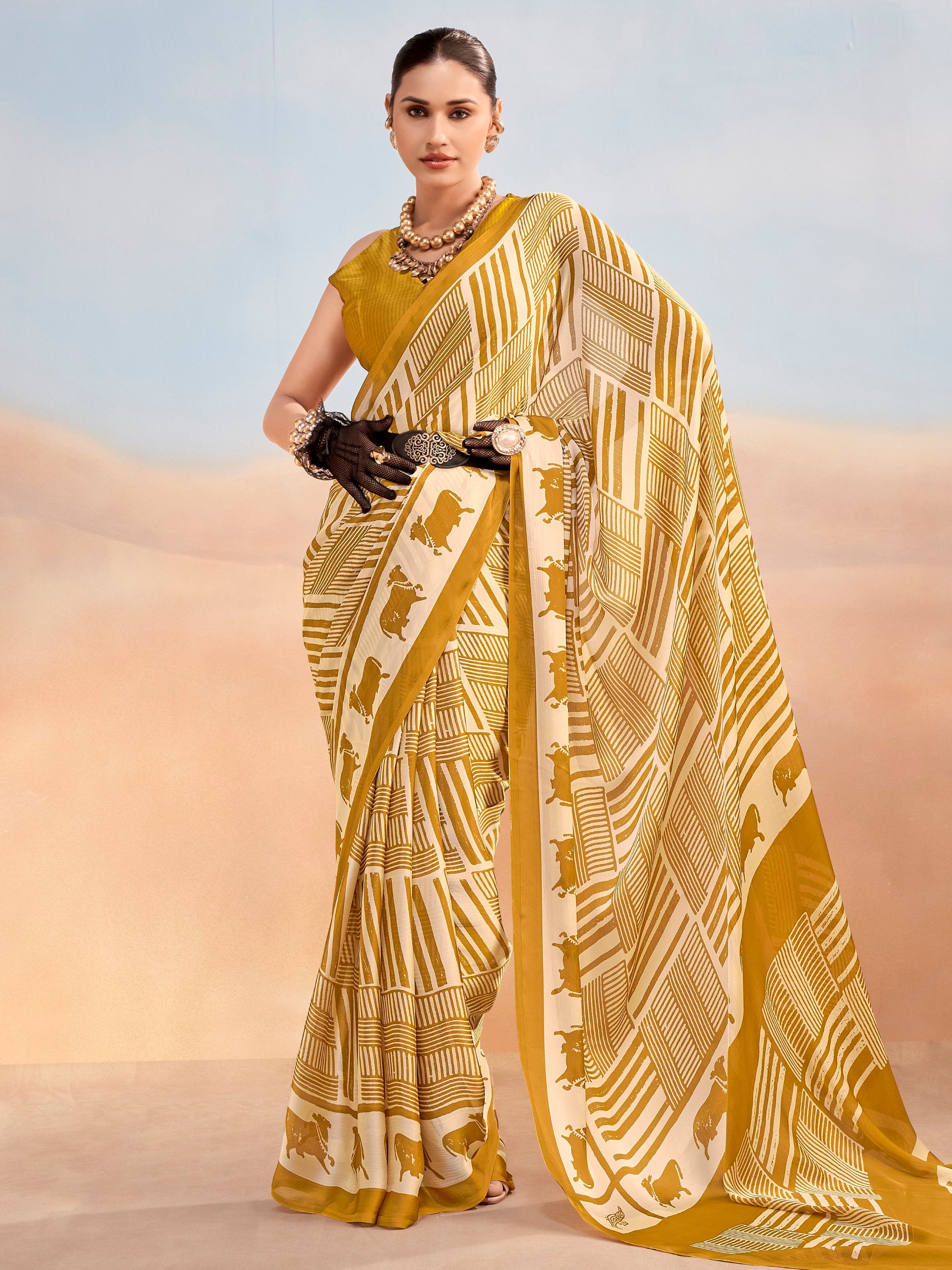 Regal Mustard Yellow Printed Satin Daily Wear Saree With Blouse