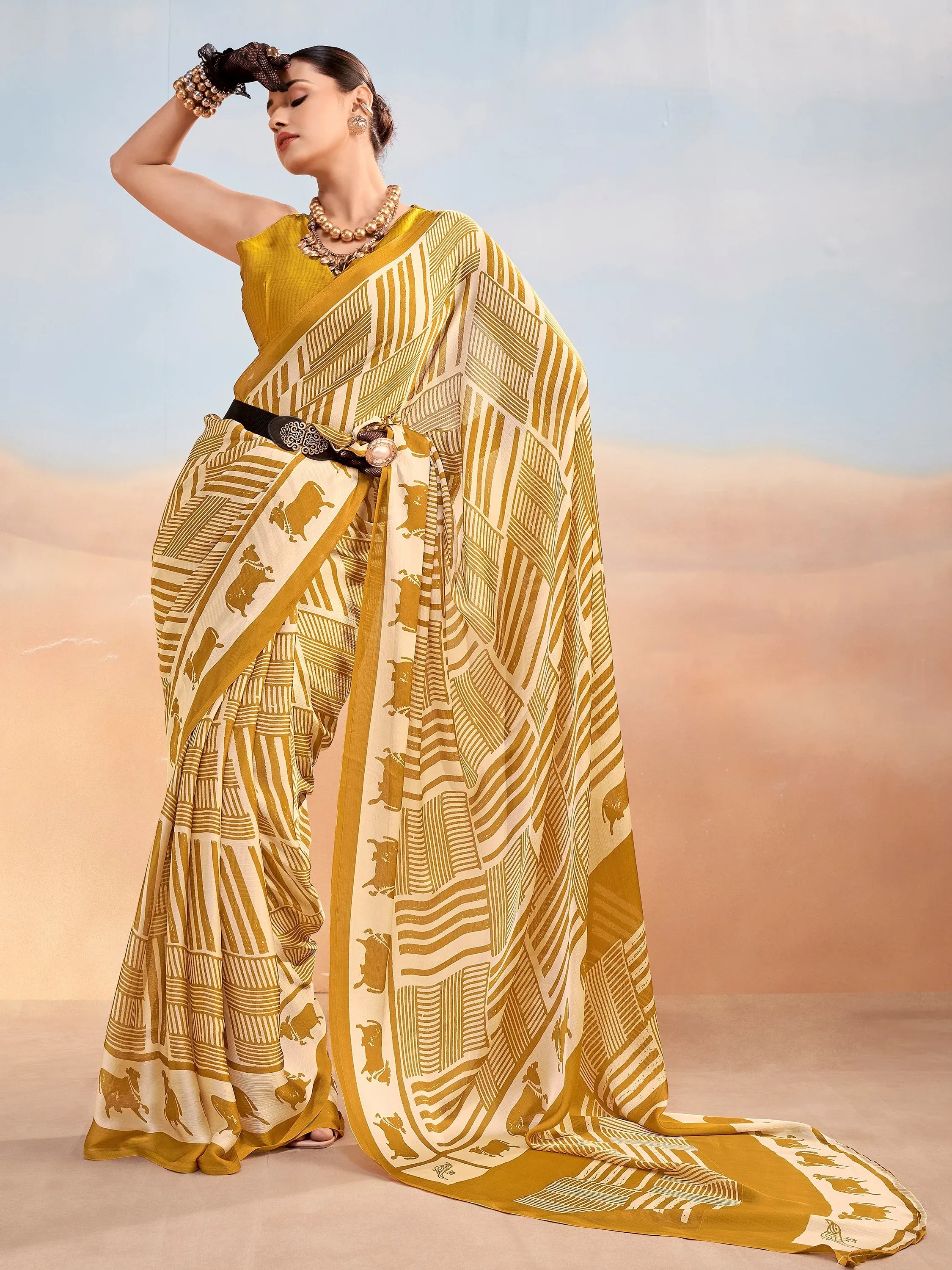 Regal Mustard Yellow Printed Satin Daily Wear Saree With Blouse