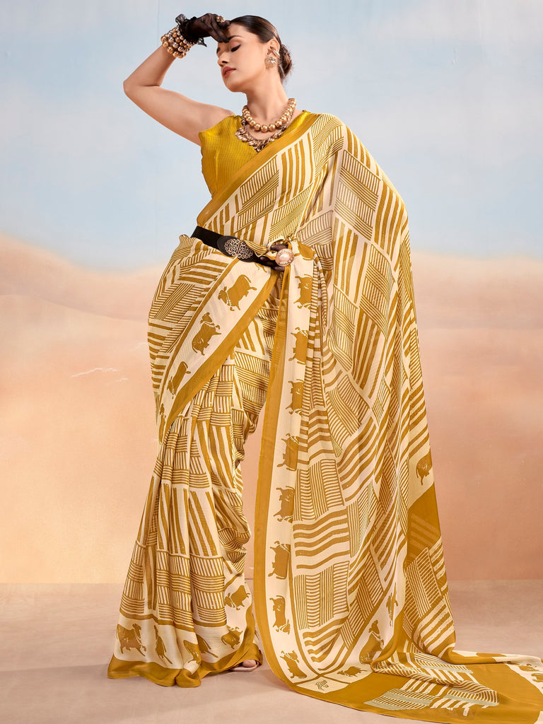 Regal Mustard Yellow Printed Satin Daily Wear Saree With Blouse