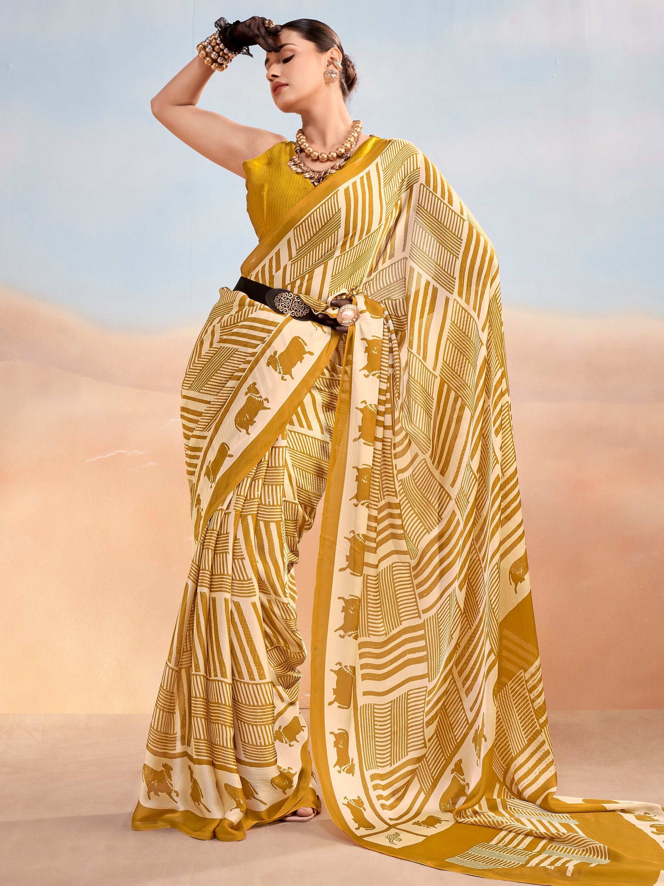 Regal Mustard Yellow Printed Satin Daily Wear Saree With Blouse