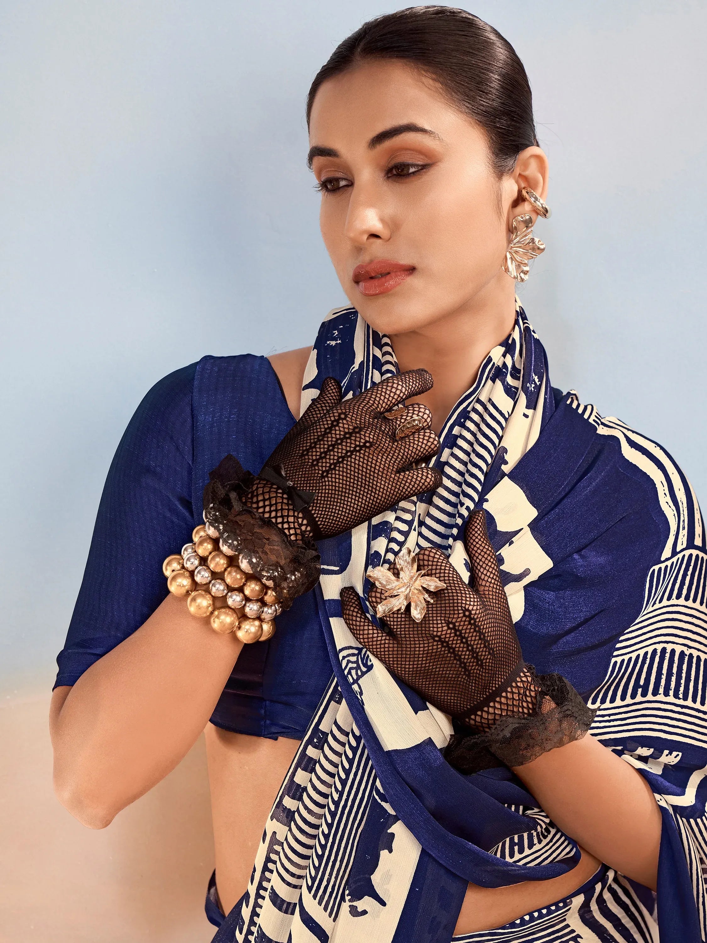 Rich Navy Blue Digital Printed Satin Office Wear Saree With Blouse