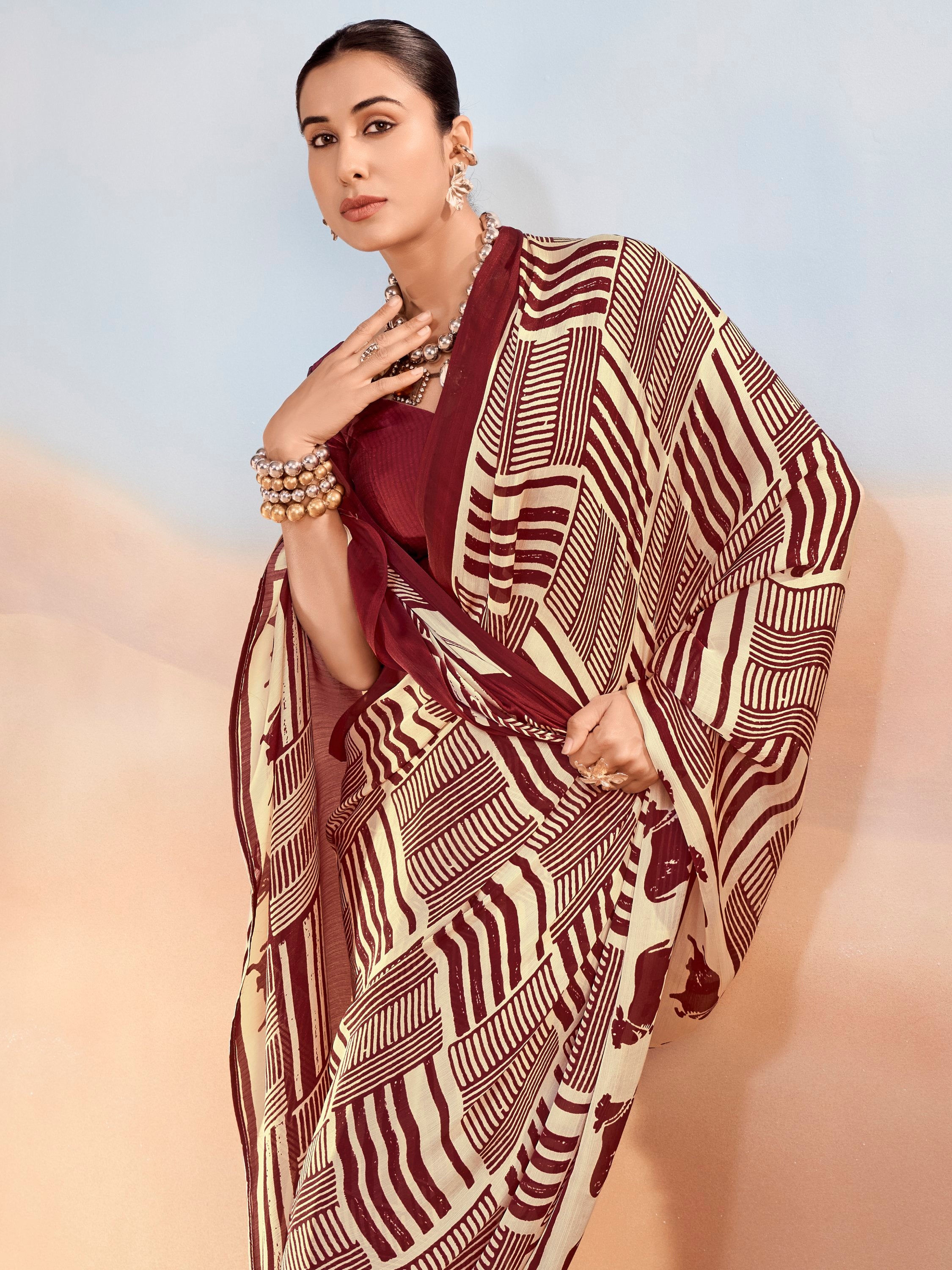 Enchanting Maroon Printed Satin Festive Wear Saree With Blouse